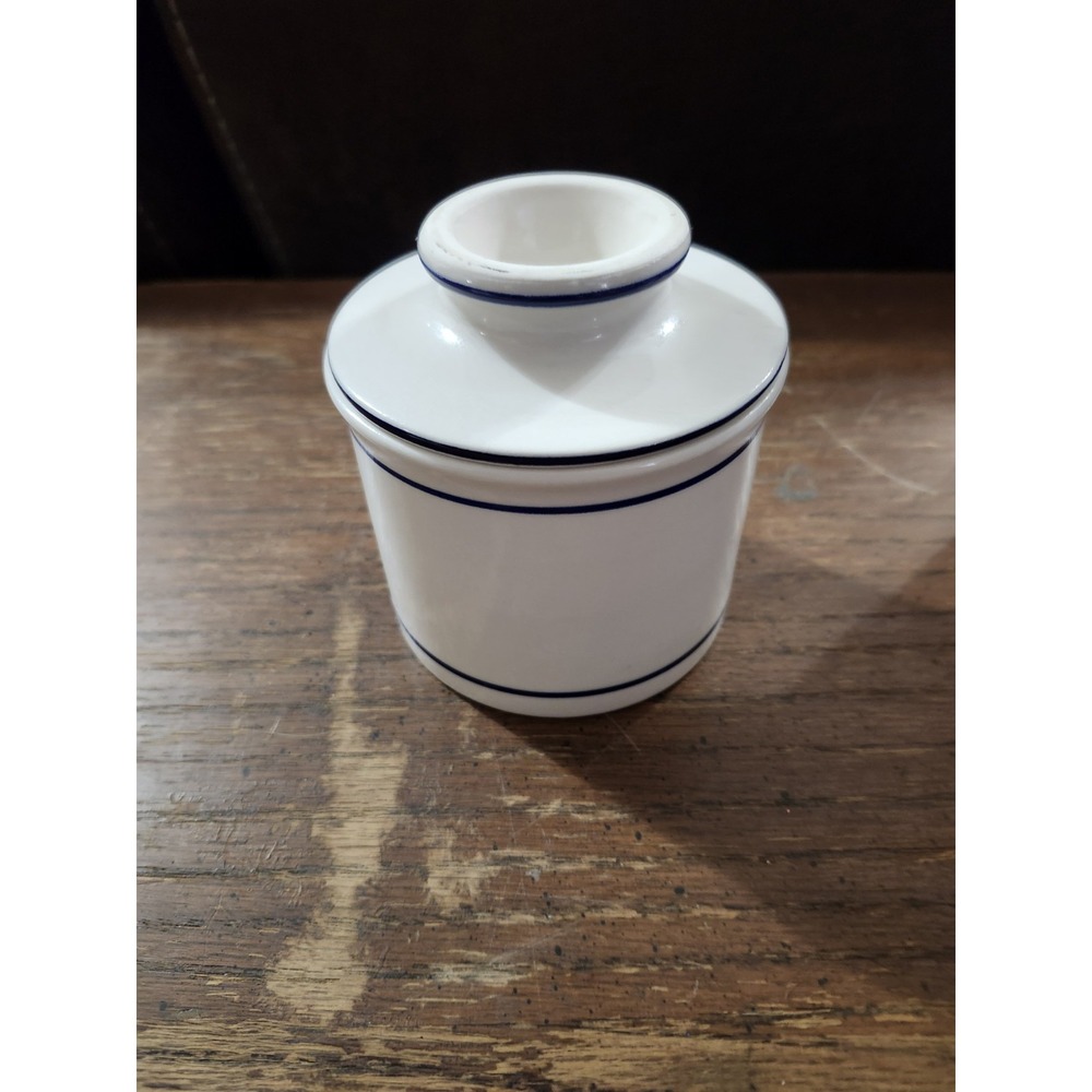 Ivory With Blue Stripe Stoneware Butterbell Cottage, Farmhouse, Rustic, Vintage,